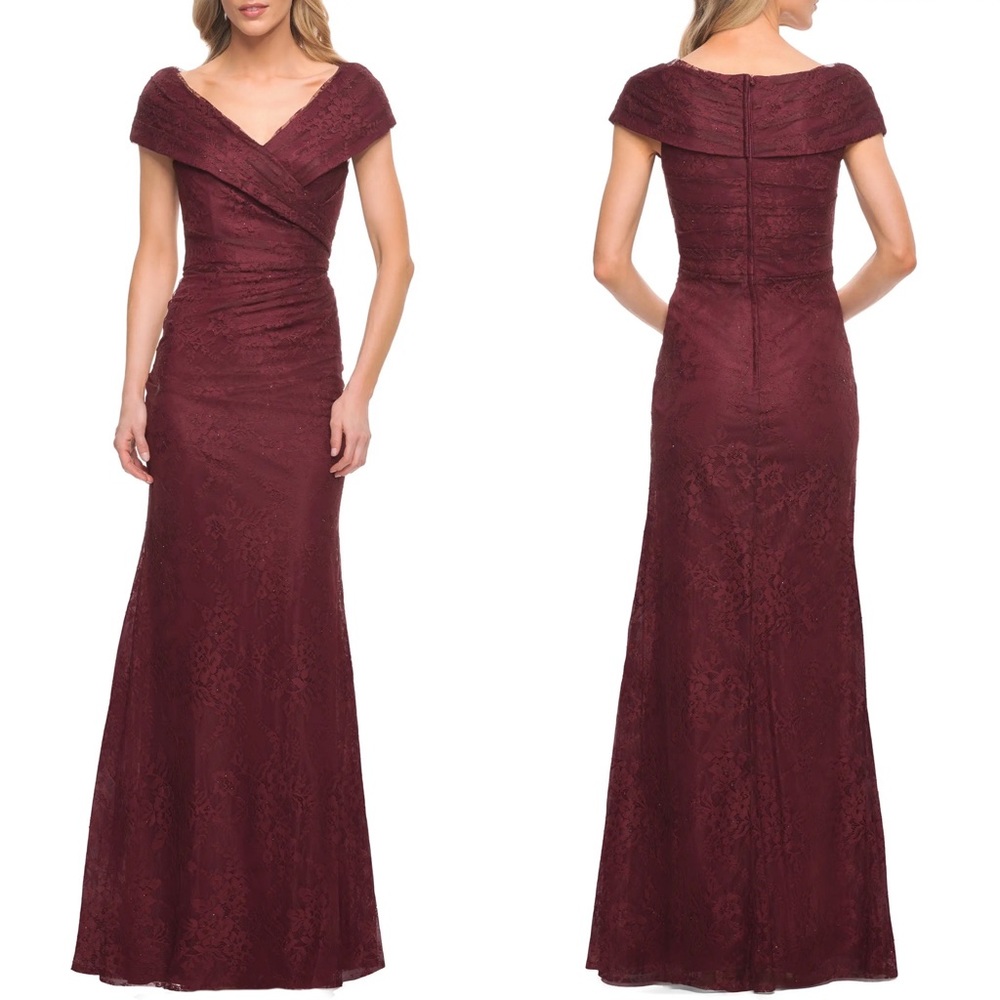 NWT La Femme Portrait Neck Lace Gown Burgundy Lace - Picture 1 of 4
